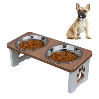 Comedouro Cachorro Elevado Duplo Para Pet MDF - Tigela Inox