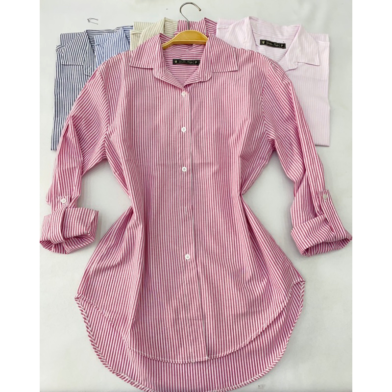 Camisa Social Feminina Risca De Giz Listras Fino Tendência em algodão #03