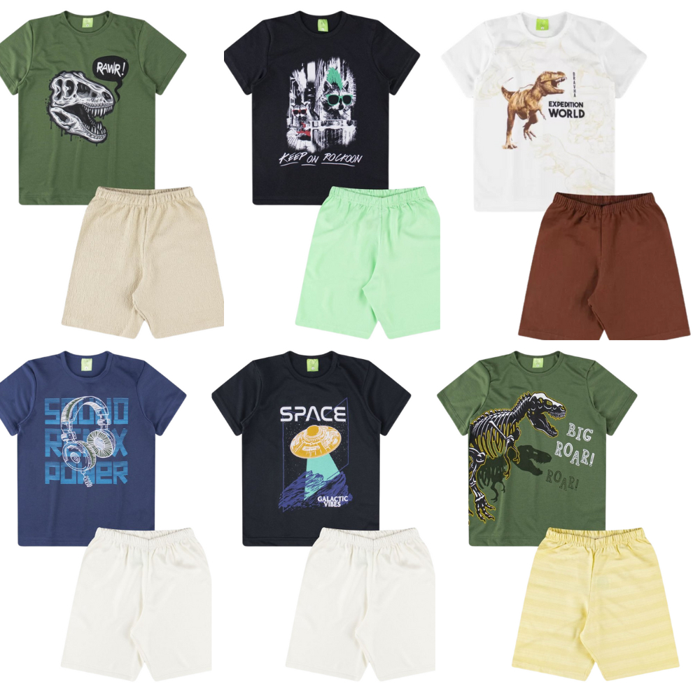 Kit Sortido 6 Peças de Roupas Infantil Menino- 3 Camisetas + 3 Shorts - Promoção - Kit com 3 Conjuntos de Roupa Infantil Menino Verão Bebe Masculino Barato