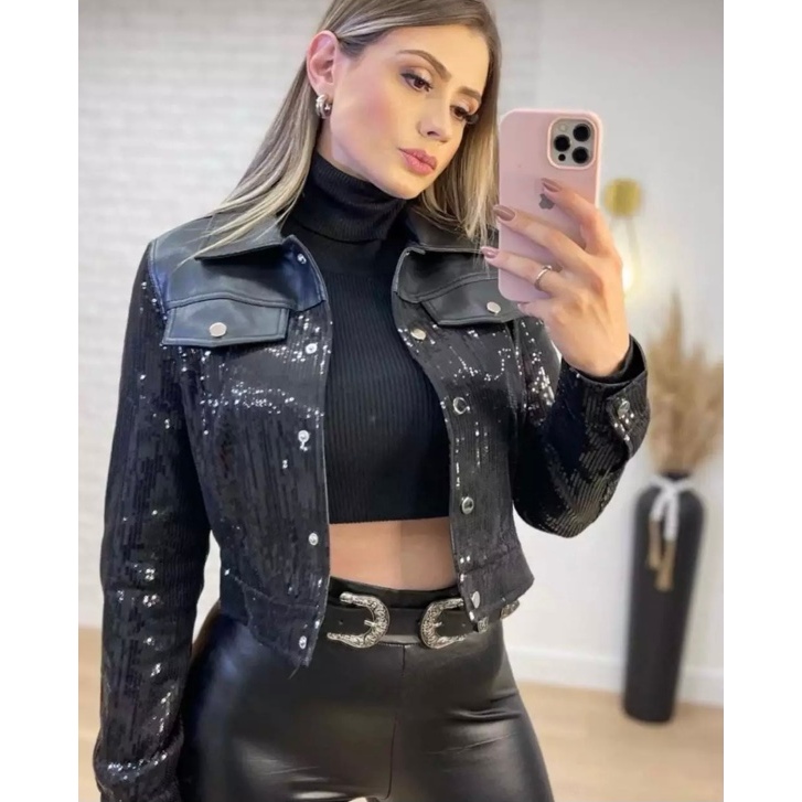 Jaqueta palete brilho lentejoila com couro luxo tendencial inverno moda balada