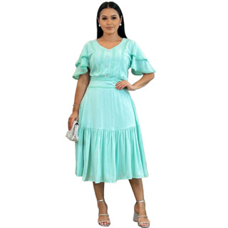Vestido Evangélico Pérolas Renda Guipir Midi com Babados Festa Casamento Noiva Civil BF