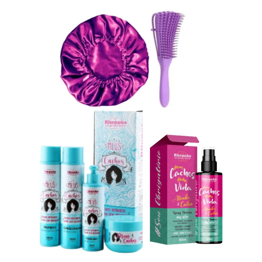Kit Capilar Meus Cachos + Ativador de Cachos + Escova Polvo e Touca Cetim