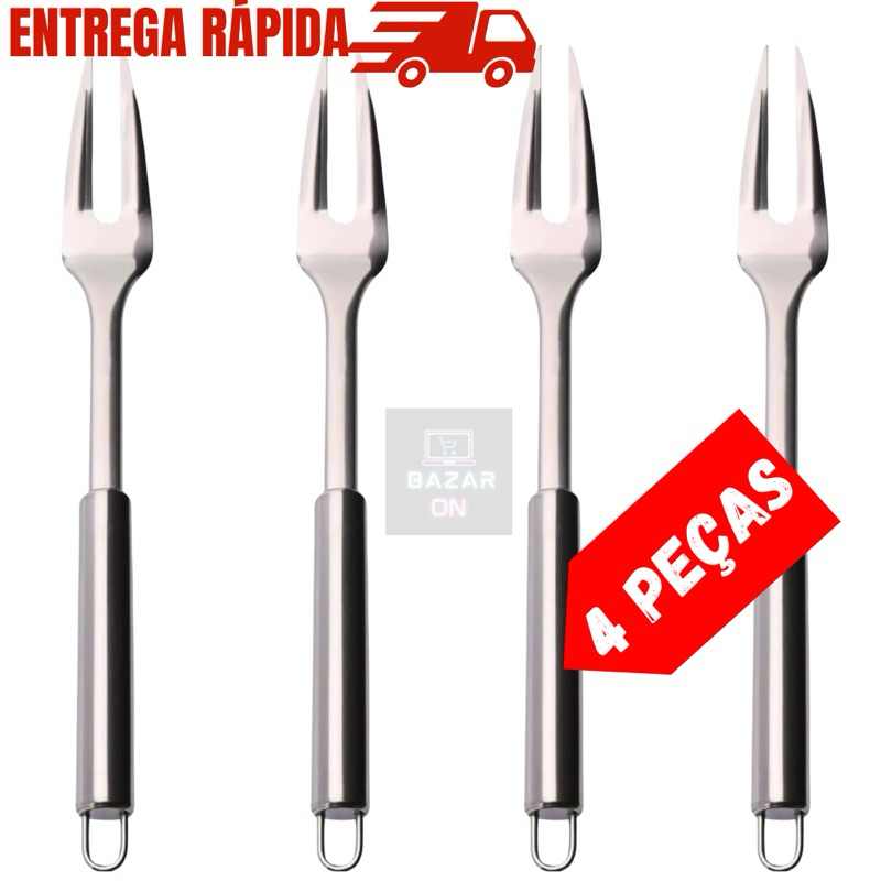 Kit 4 Garfos de Cozinha Churrasco Cachorro Quente Hot Dog Aço Inox Garfo Carne Linguiça Grelhador