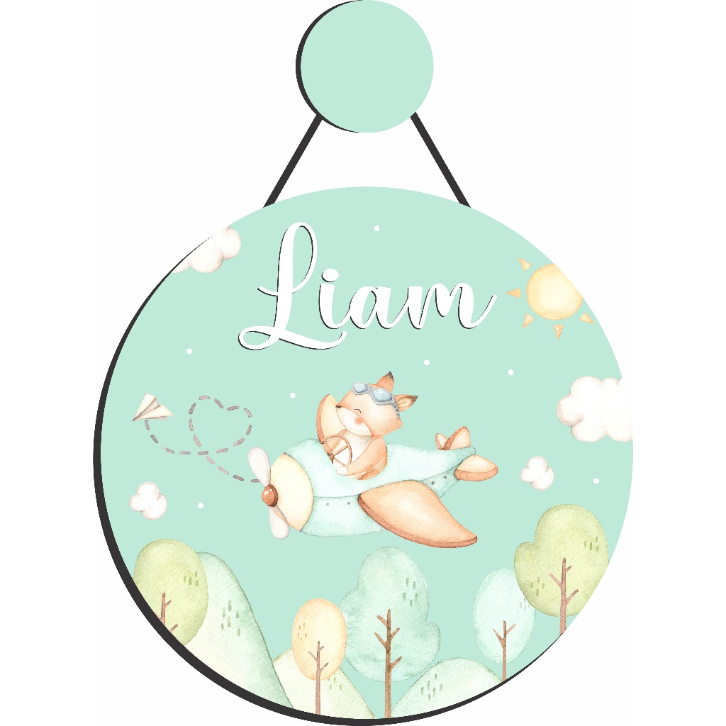 Enfeite Porta Maternidade Raposa , Raposinha no avião, Aviador, nuvens, bebê - Nome personalizado.