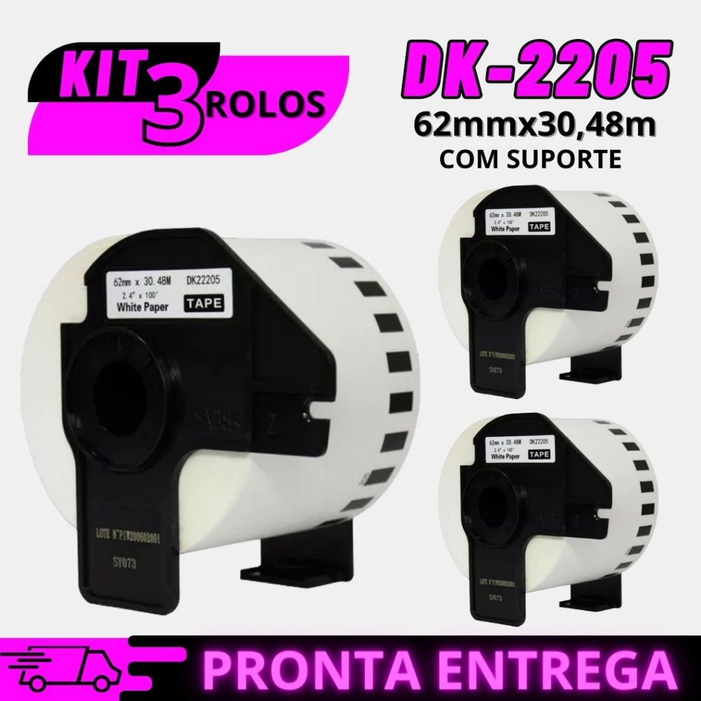 Kit 3x Etiqueta Térmica 62mm X30mts Continuo DK2205 C/ Suporte Para Brother QL800 570 700