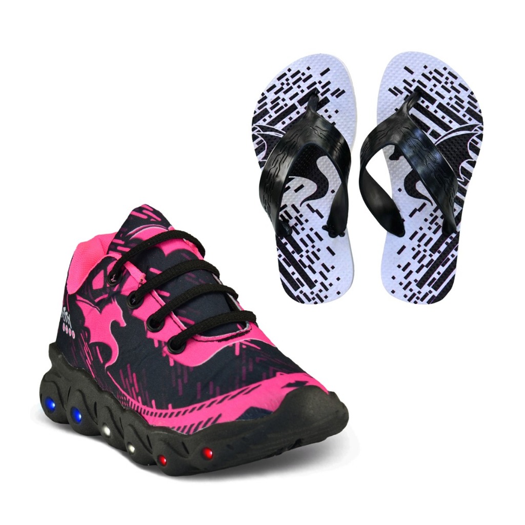 Kit Tênis Led Infantil Casual Infinitty Meninas Preto Pink + Chinelo