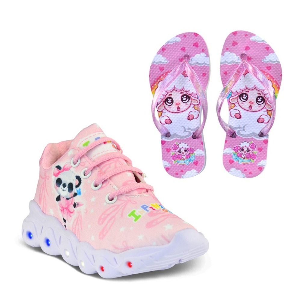 Kit Tênis Led Infantil Casual Meninas Personagem Pandinha Bailarina Com Luzinha + Chinelo