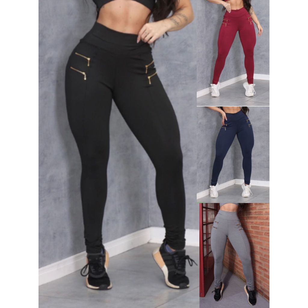 Calça legging feminina montaria com zíper cintura alta leg