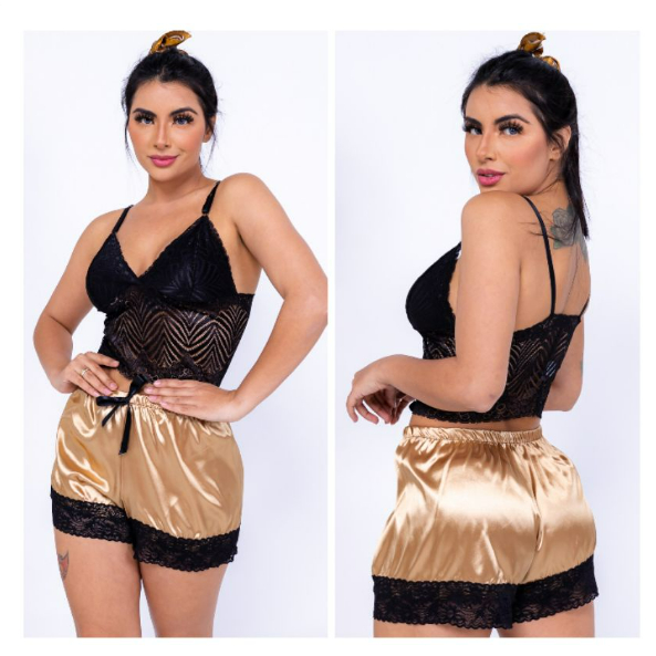 1 Conjunto de Renda em Cetim Bicolor Pijama Sensual e Macio Baby Doll em Oferta na Shopee