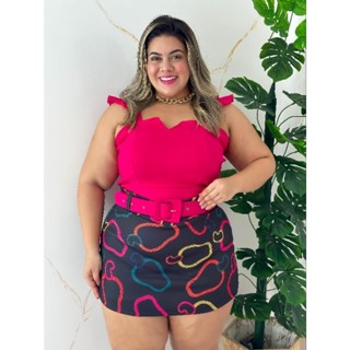 conjunto estampado plus size cropd e shorts saia com cinto moda verão