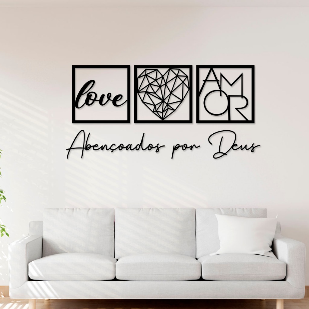 Quadros Decorativos Abençoados por Deus Love e Coração Geométrico Amor para Quarto Sala mdf Preto