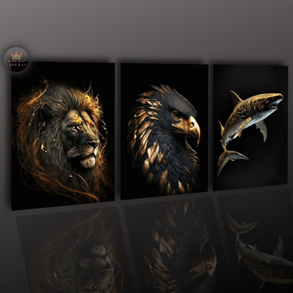 Quadros Decorativos Leão Falcão Tubarão Dourados Kit 3 Peças Premium 4K