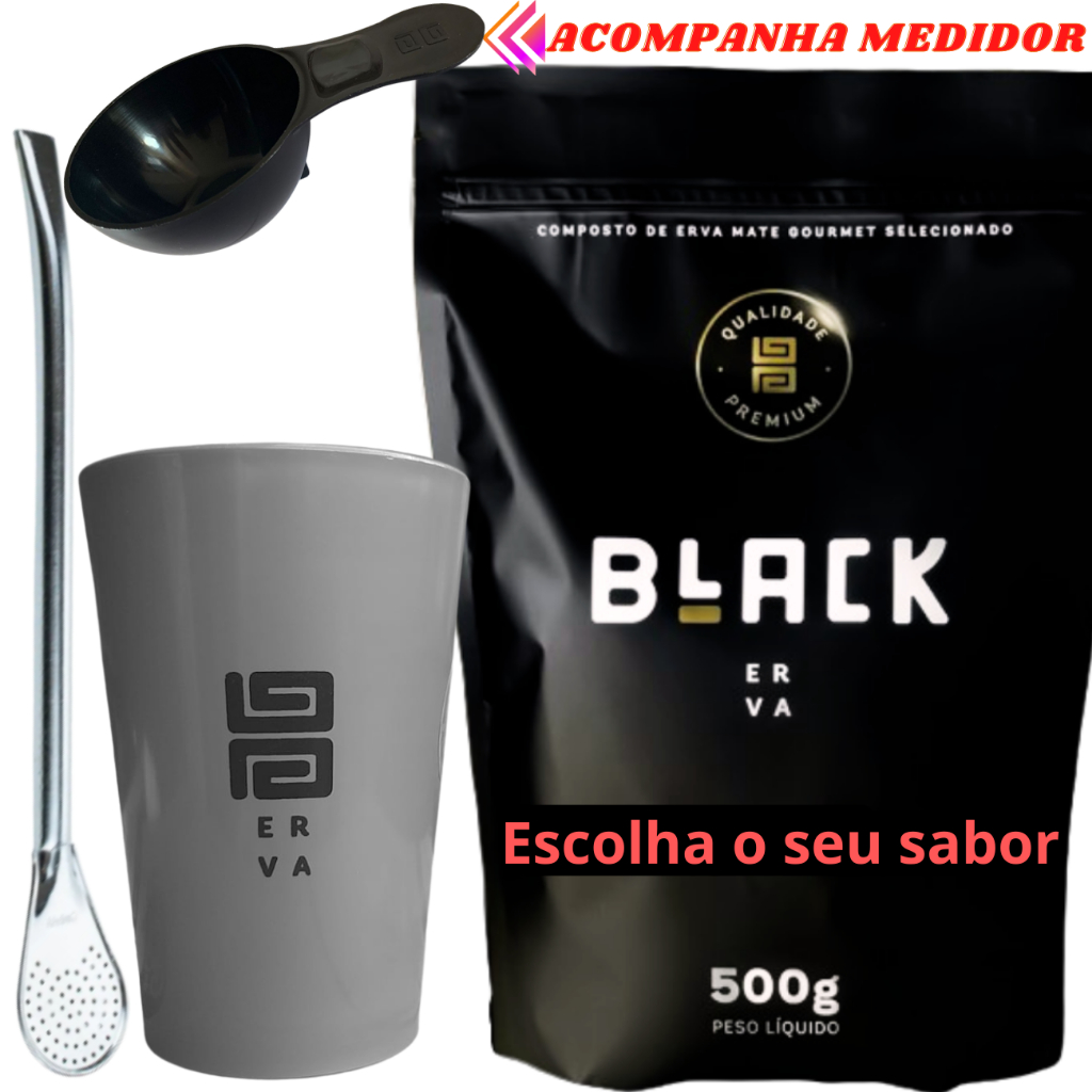 Kit Tereré Black Erva Mate Copo Caldereta Cinza de Acrílico Bomba Clássica Cromada
