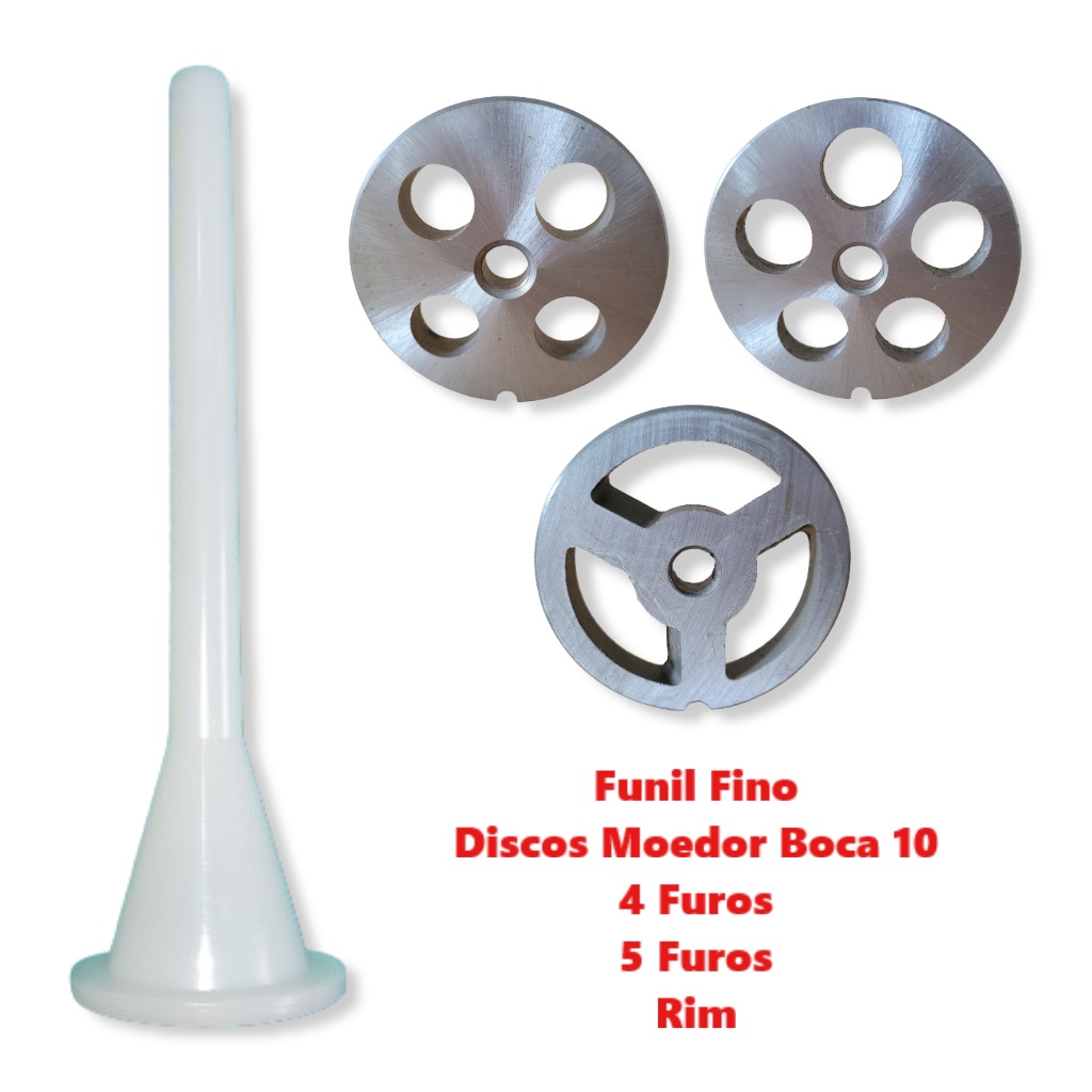 Disco para Moedor de Carne Boca 10 - 4 Furos + 5 Furos + Rim + Funil Fino