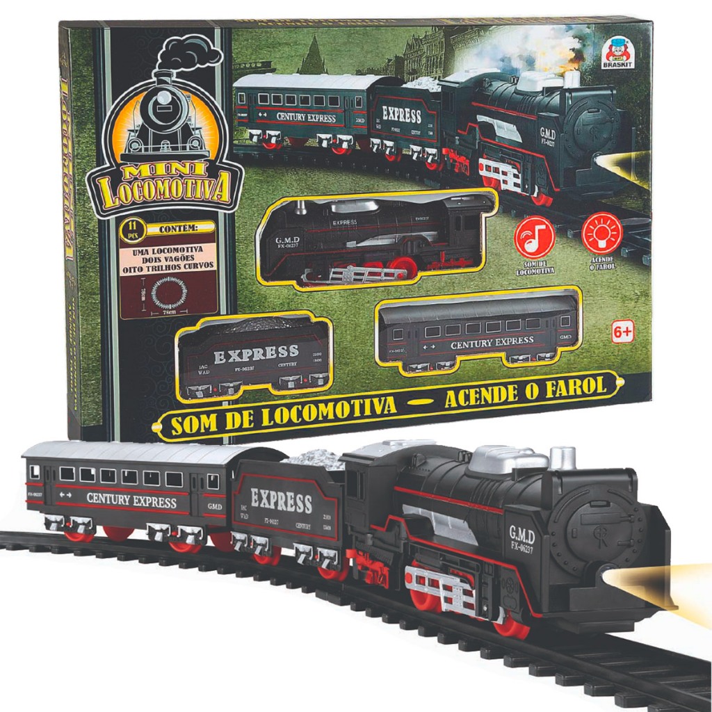 Mini Locomotiva Braskit Trenzinho Elétrico Ferrorama Luz E Som De Trem Trilho + Vagões