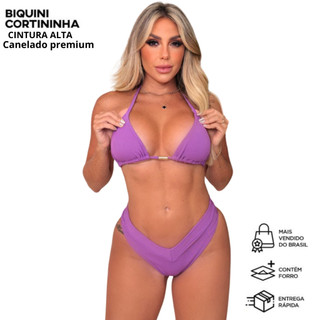 Conjunto Biquini Cortininha Calcinha Asa Delta Cintura Alta Bojo Removivel