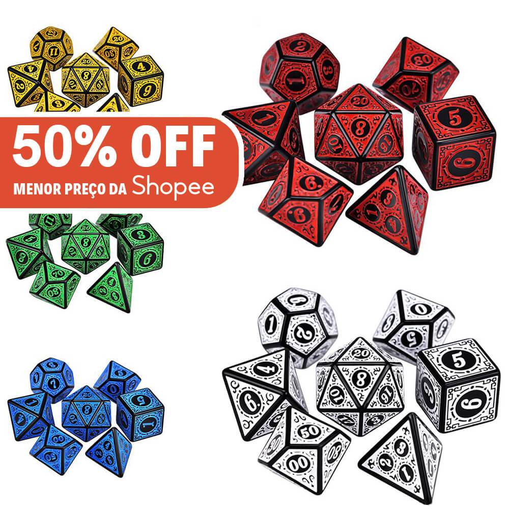 Kit 7 Dados RPG Rúnicos Alto Relevo Várias Cores Runas D&D T20 3D Texturizado PROMO 50% em Oferta na Shopee