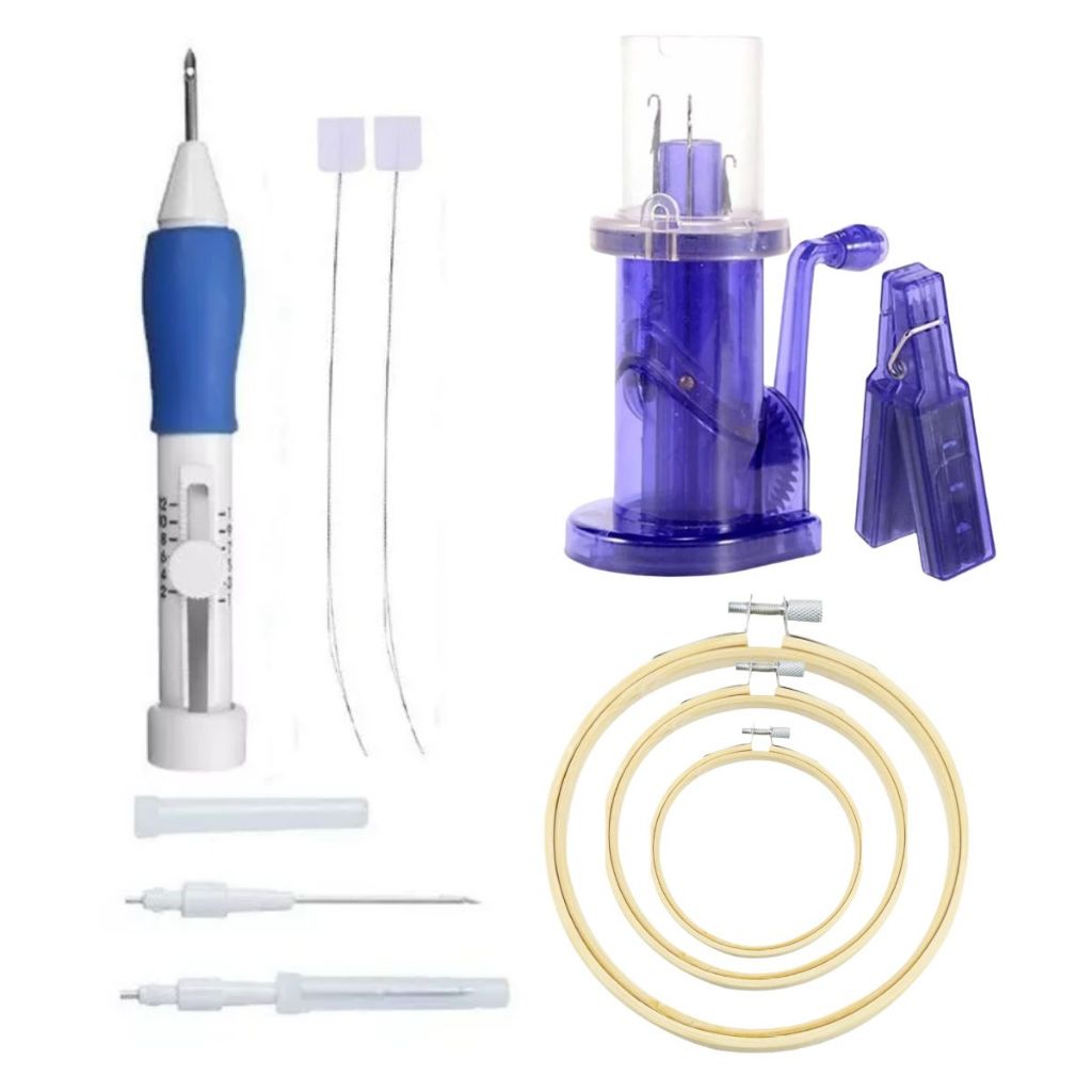 Kit Agulha Magica Caneta Ponto Russo Punch Needle Bastidores Trava Regulável e Máquina de Tricotin
