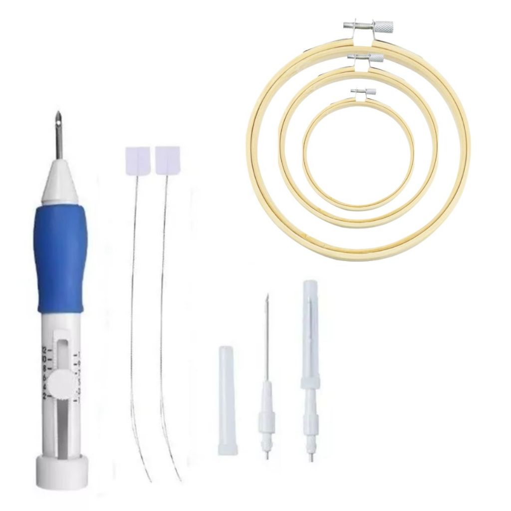 Kit Agulha Magica Caneta Bordar Ponto Russo + 3 Bastidores com Trava Regulável