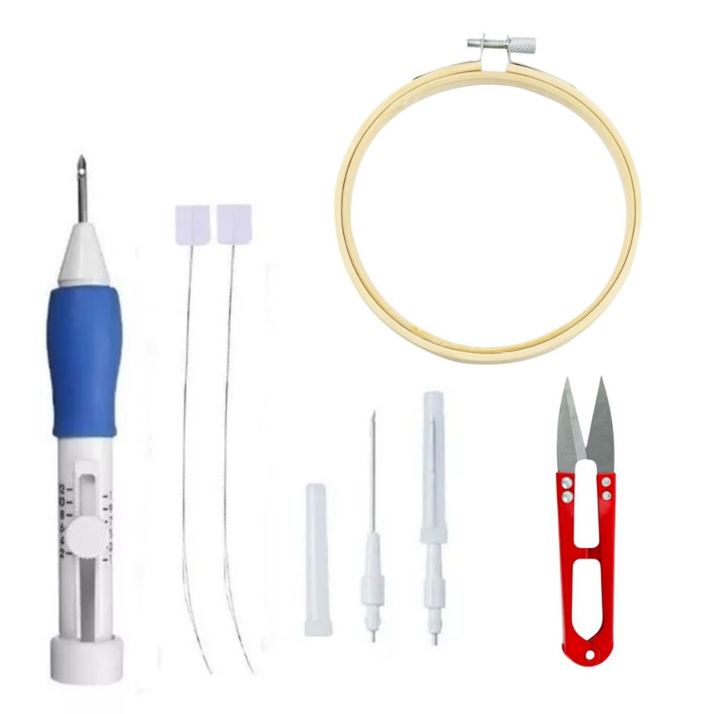 Kit Agulha Mágica Caneta Ponto Russo Punch Needle, Bastidor 20cm Trava Regulável Tesoura