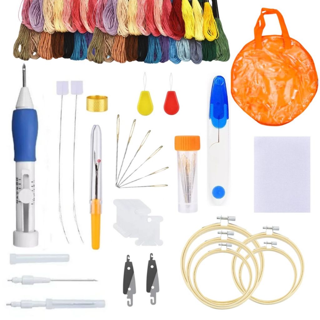Kit COMPLETO Agulha Magica Caneta Ponto russo 5 Bastidores várias Linhas meada bordado