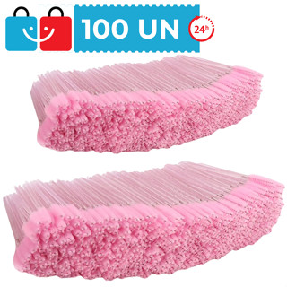 Kit 100 Escovinhas De Cílios Sobrancelha Rosa com Glitter Extensão e Alongamento Descartável