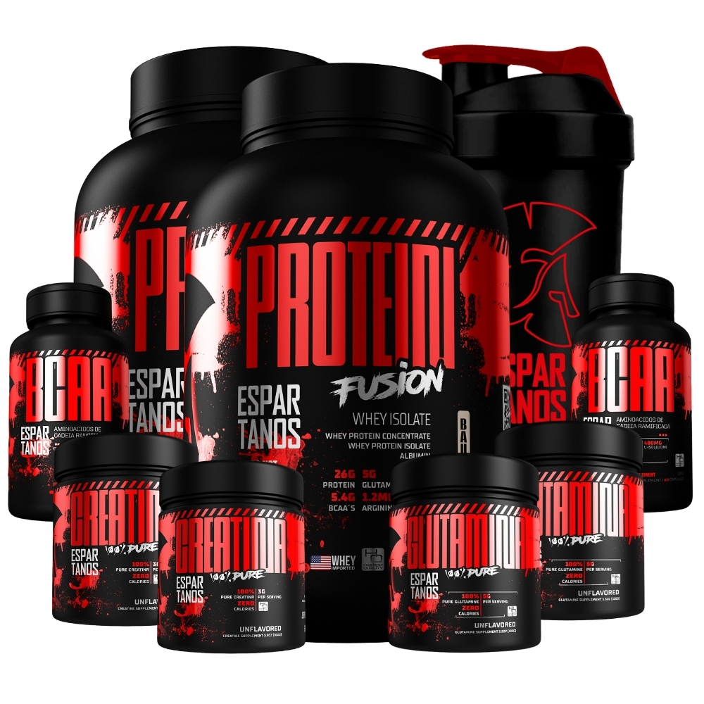 Kit 2x Whey Protein Fusion + 2x Bcaa + 2x Creatina Pura Monohidratada 100% + 2x Glutamina + Shaker