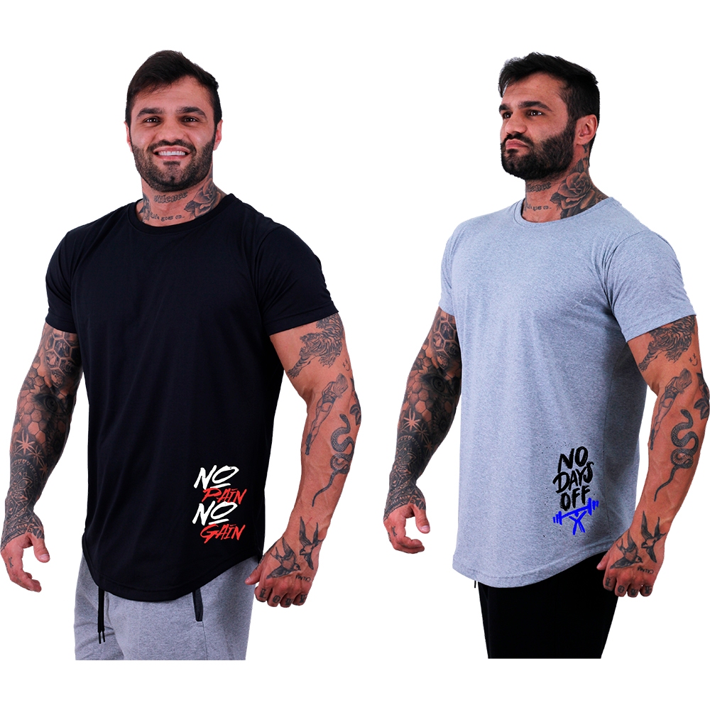 Kit 2 Camiseta Longline MXD Conceito Estampada Caveiras No Pain No Gain Academia Treino Musculação