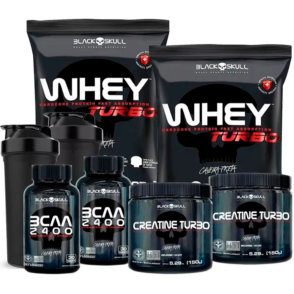 Kit 2x Whey Protein Turbo + Bcaa + Creatina - Black Skull