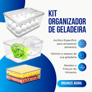 Kit 3 Organizador de Geladeira Porta Ovos Porta Frios Porta Frutas Porta Verduras