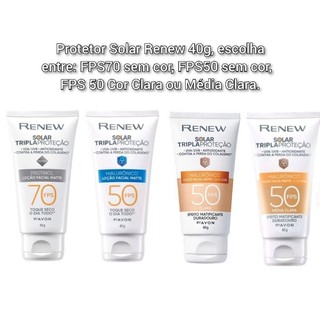 Protetor Solar Renew 40g, escolha entre: FPS70 sem cor, FPS50 sem cor,  FPS 50 Cor Clara ou Média Clara.