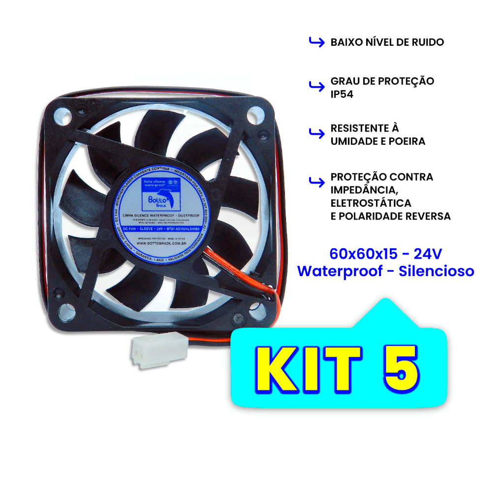 Kit 5 unids Cooler Micro Ventilador 60x60x15 Mm 24v Silencioso Resist Agua Poeira IP54 6cm Sleeve LS