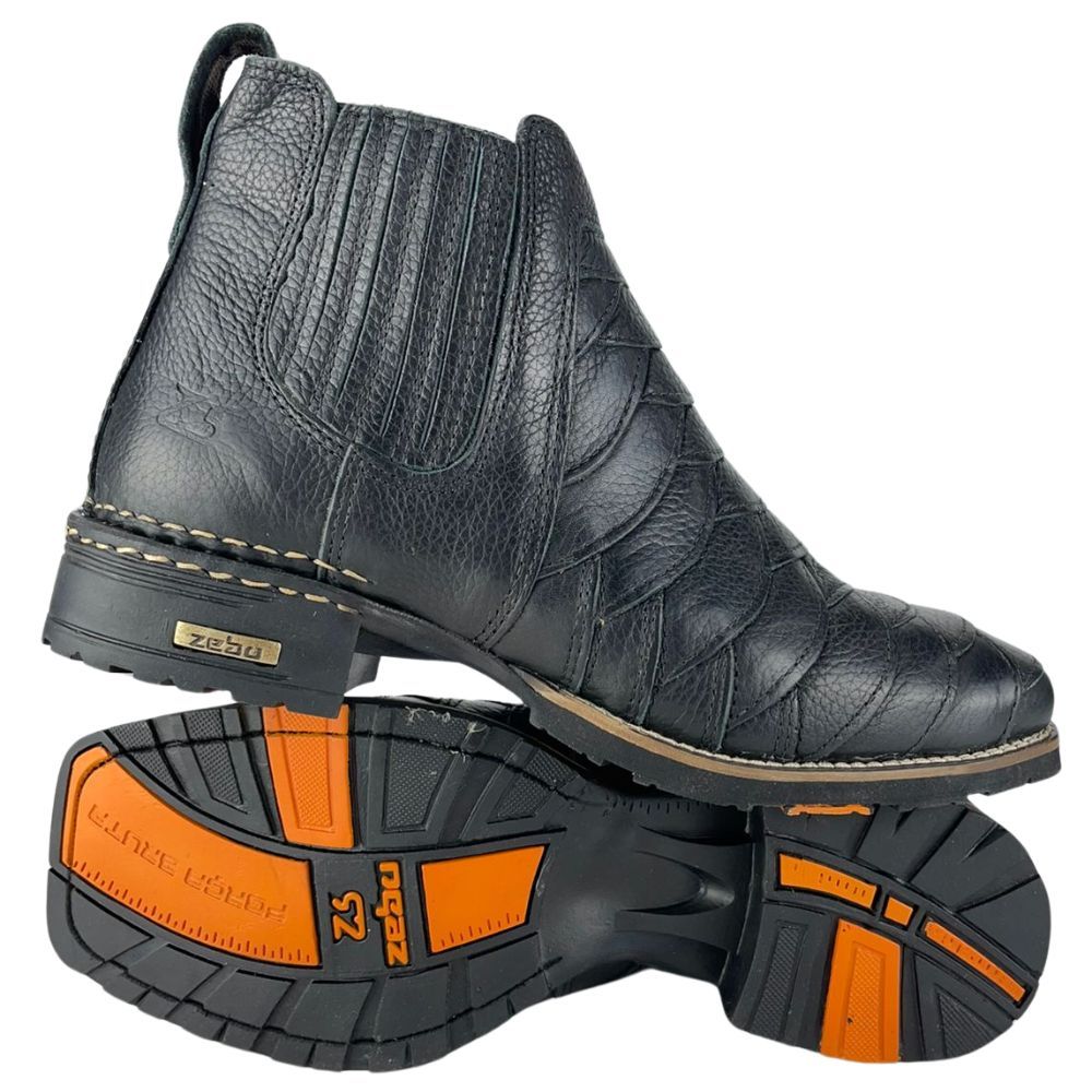 Botina Masculina Zebu Couro Floater Preto Escamado Bico Quadrado Costura Dupla Reforçada