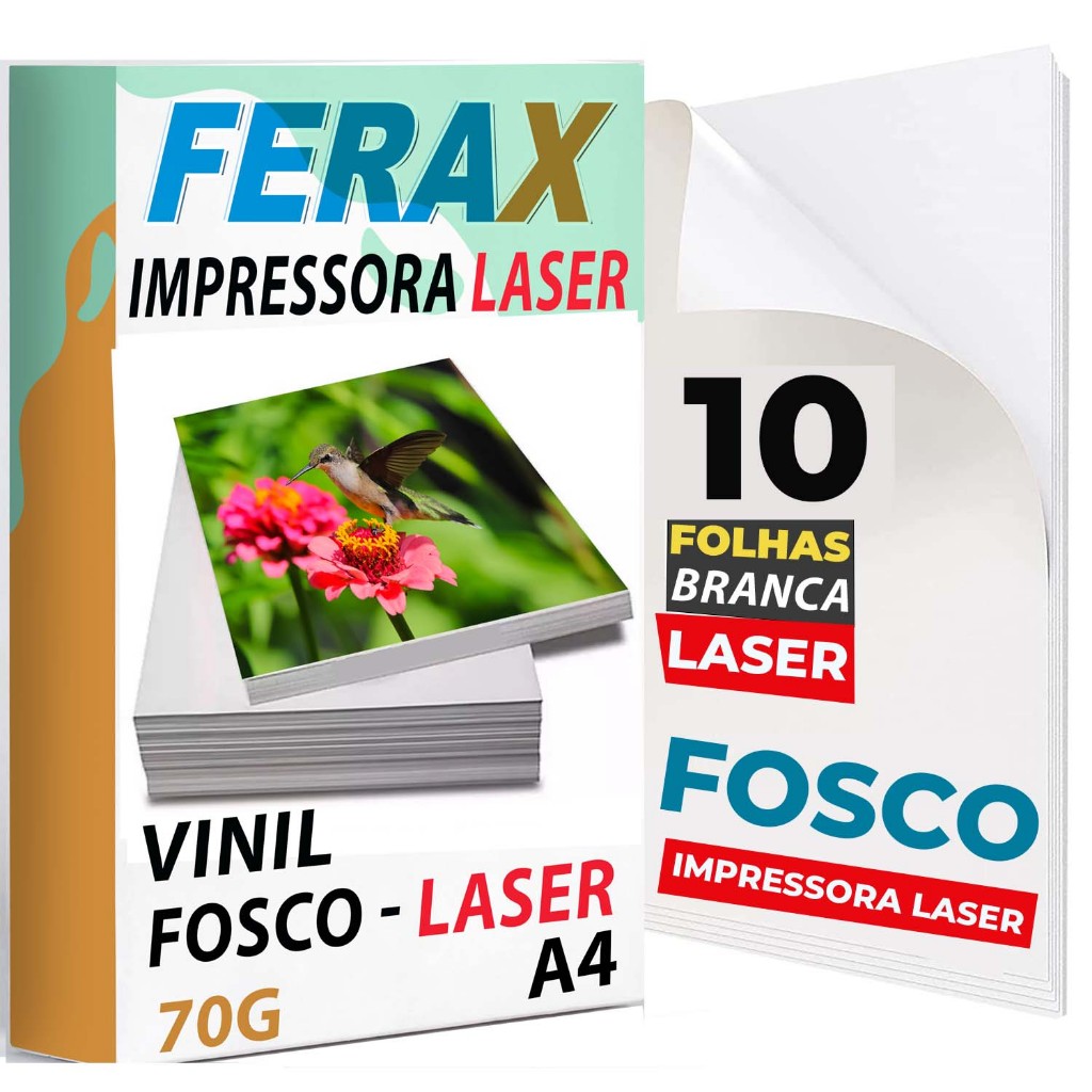 Ferax 10 Folhas Vinil Branco Fosco Adesivo A4 Para Impressora Laser - À Prova D'água