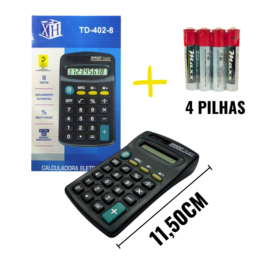 Calculadora Eletrônica de Bolso 8 Dígitos Preto - XHADAY + 4 Pilhas Maxx
