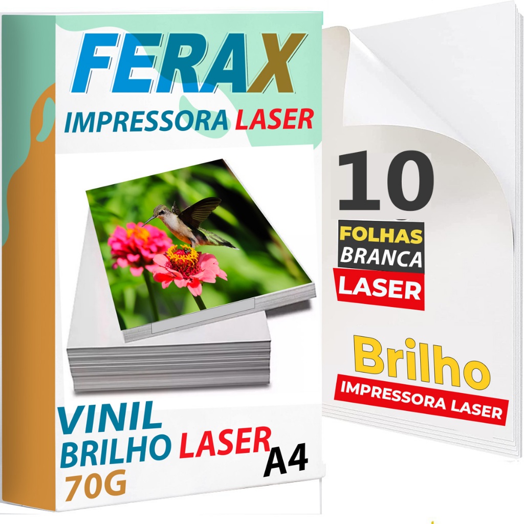 10 Vinil Branco Brilho Adesivo A4 70g Para impressora Laser - Prova D’água e Secagem Rápida Ferax