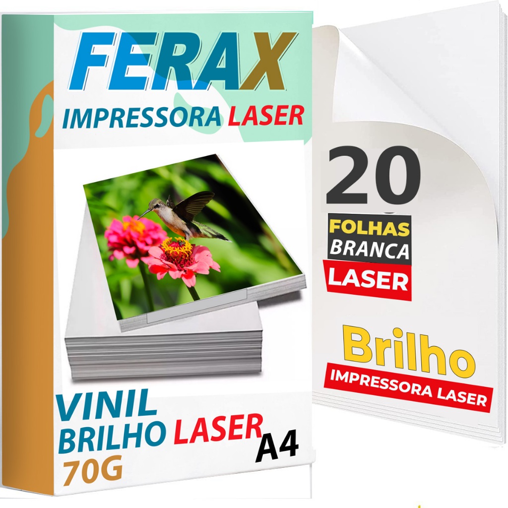 20 Vinil Branco Brilho Adesivo A4 70g Para impressora Laser - Prova D’água e Secagem Rápida Ferax