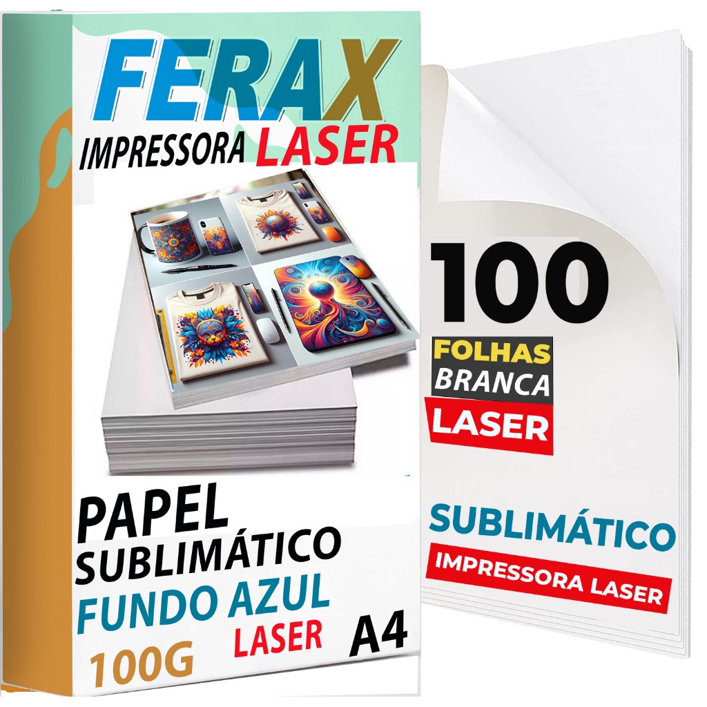 Ferax 100 Folhas Papel Sublimatico Impressoras laser -  A4 Azul - Personalização