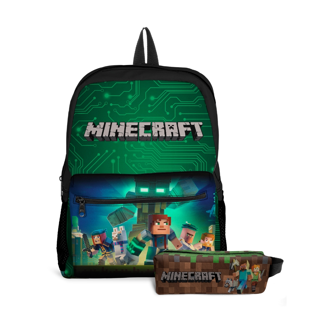 Mochila Infantil Com Bolso Escolar Estampa Menino Game Mine Jogo Craft Avulsa ou Kit Com Estojo