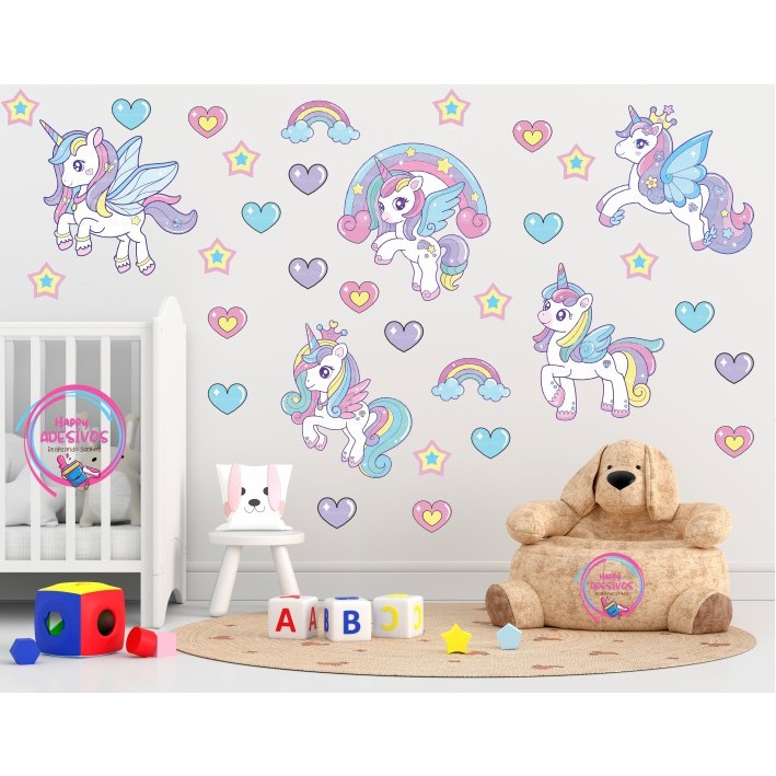 Kit Adesivos Unicórnio, Coração, Estrela Parede Infantil Menina Menino Baby Quarto Decoração Parede