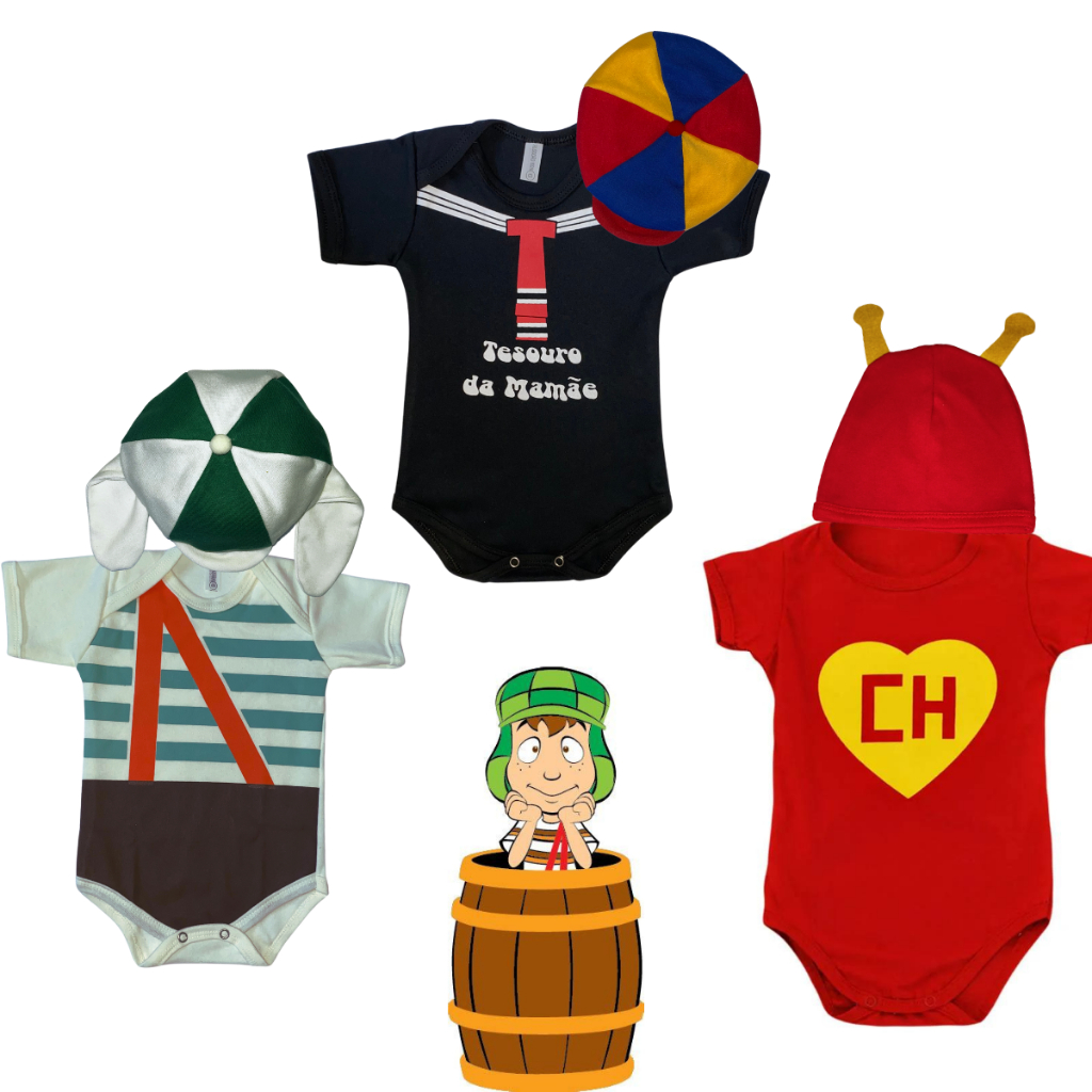 fantasia bebe 100% algodão mesversario kiko  chaves /kit com 2/Body temáticos/ kiko tesouro/fantasia