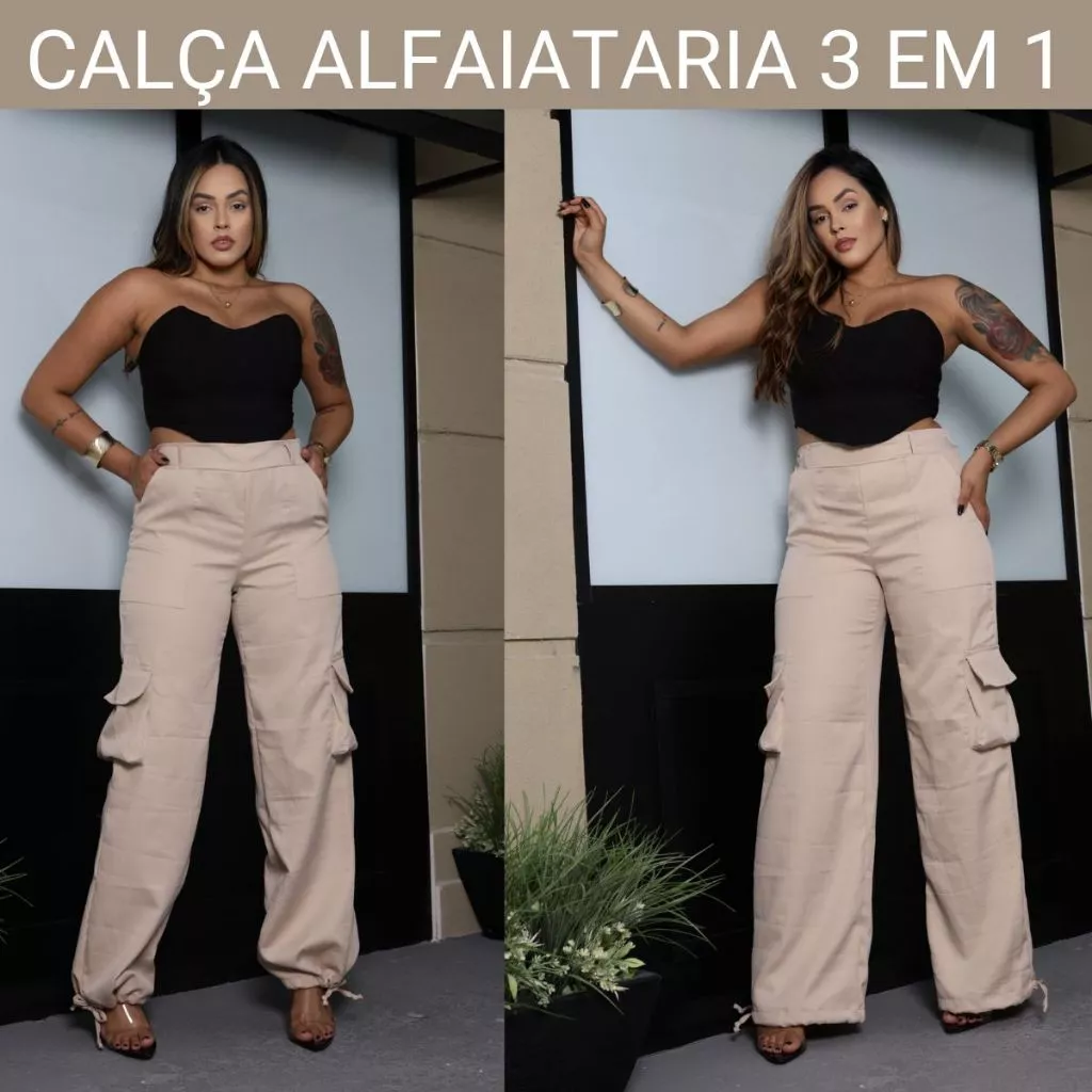 Calça Feminina 3 em 1 Pantalona Jogger Cargo Tecido Alfaiataria Linha Premium 4 Bolsos Abertura Cintura Ziper Regulagem — imagem 1