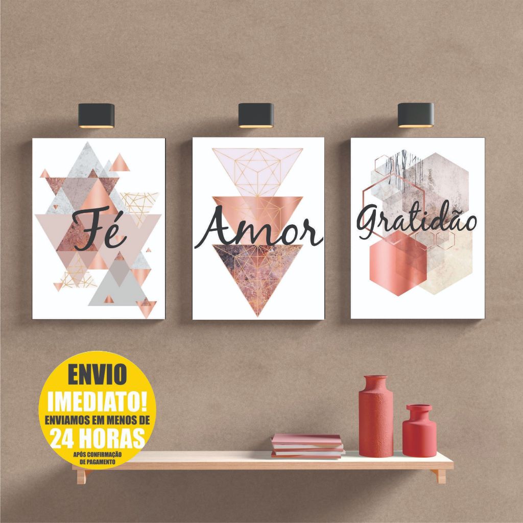 Kit Quadros Decorativos 3 Partes Fé Amor Gratidão 20x30cm Sala Quarto Escritório em Oferta na Shopee