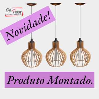 Kit 3 Pendente Luminária De Teto Lustre de Sala / Cozinha PP em Madeira Modelo Veneza Decorações -MONTADO-