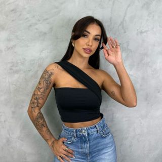 Cropped Cruzado Ribana Moda Uma Alça Feminino Blogueira Basico Casual Assimétrica
