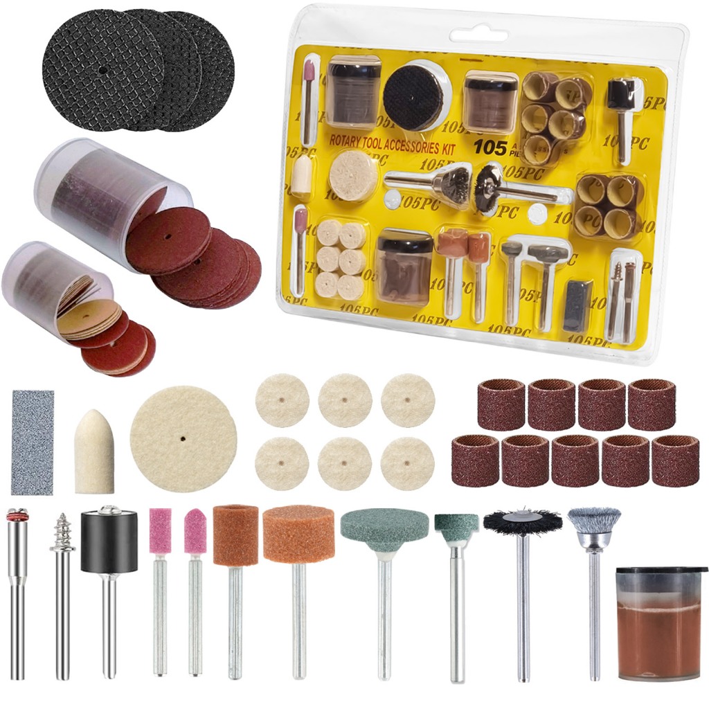 Kit 105 Acessórios Essenciais para Micro Retífica Completo Padrão Dremel Multimarcas Dremax. Com Discos de Corte, Lixa, Polimento Escovas e Pontas Montadas