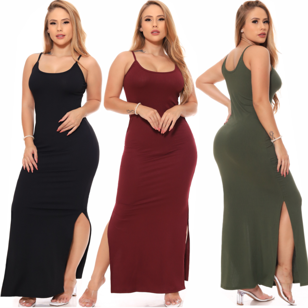 Novo Alça Liso Vestido Canelado Longo Casual Alça Fenda Lateral Moda Casual Feminina