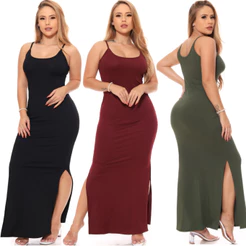 Novo Alça Liso Vestido Canelado Longo Casual Alça Fenda Lateral Moda Casual Feminina