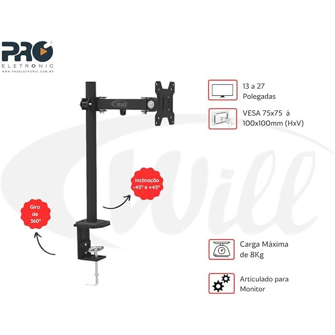 Suporte Articulado De Mesa Pro Eletronic Pqsm-mo01, Para Monitor De 13 A 27 Polegadas, Com Passa Cabo