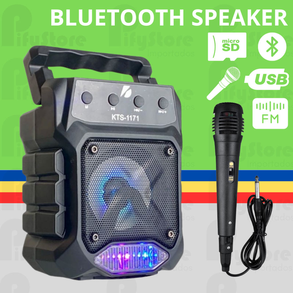 Caixa de Som Portátil Com Microfone Karaoke Bluetooth Rádio FM PenDrive SD KTS 1171 super bass